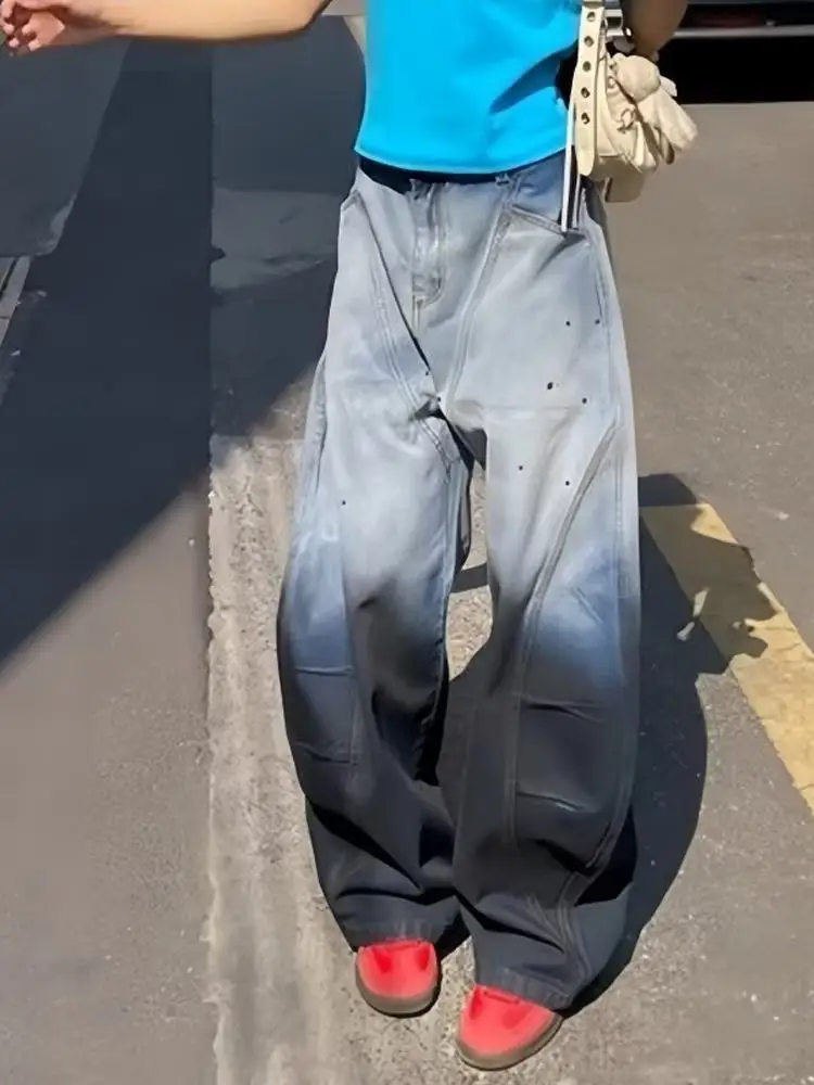 

Retro American Waed Tie Dye Design Spill Ink adient Wide Leg Loose Jeans Men Women Casual High Waist Long Pants