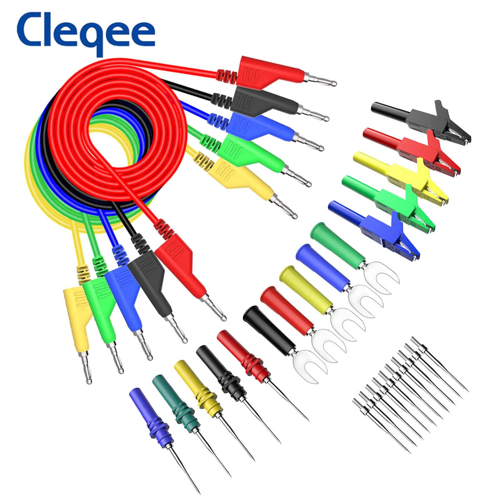 Cleqee P1036B serie 4mm doble apilable conector Banana Kit de cables de prueba con pinza de cocodrilo enchufe de pala y sondas de prueba para multímetro