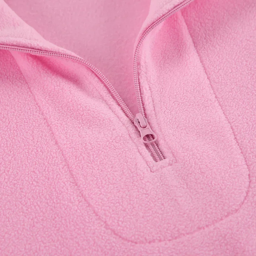 Fashion Fleece Lapel Polo Collar Pullover Women Autmn Winter Casual Pink Loose Zippers Long Sleeve Tops Sweatshirt Outwear Lady