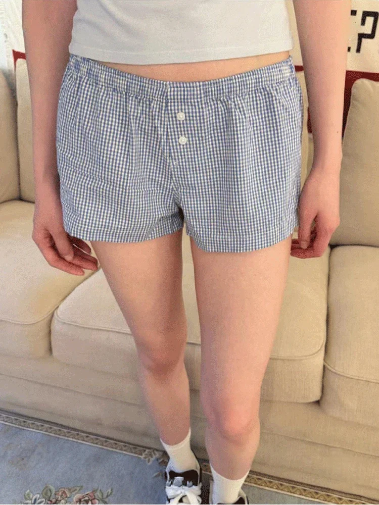 

Women New Blue Plaid Cotton Straight Shorts Waist Buttons Casual Short Pants Vintage 2024 Fashion Summer Home Underwear