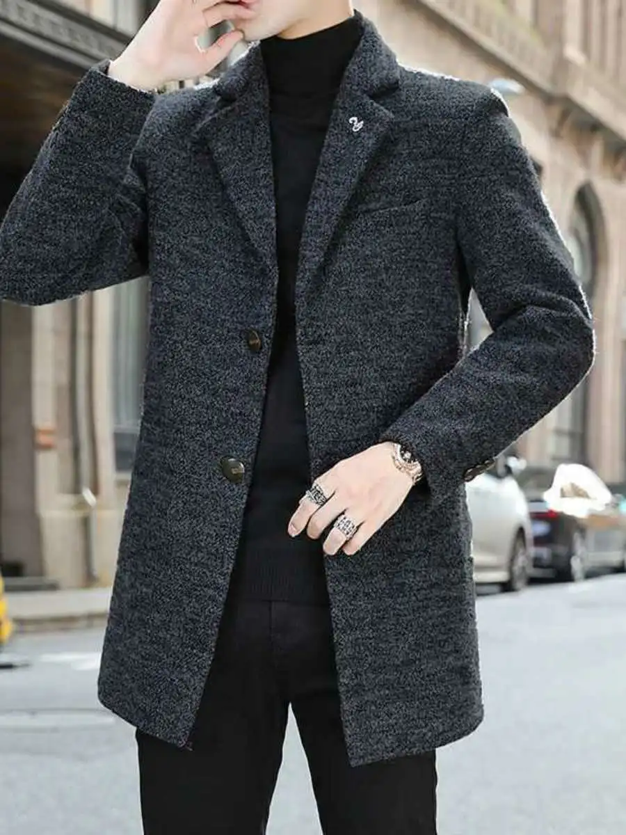 Mantel Wol Pria Trendy, Hangat, Panjang, Jaket Musim Dingin, Pakaian Luar Musim Gugur Musim Dingin, Jaket Angin Modis Pria