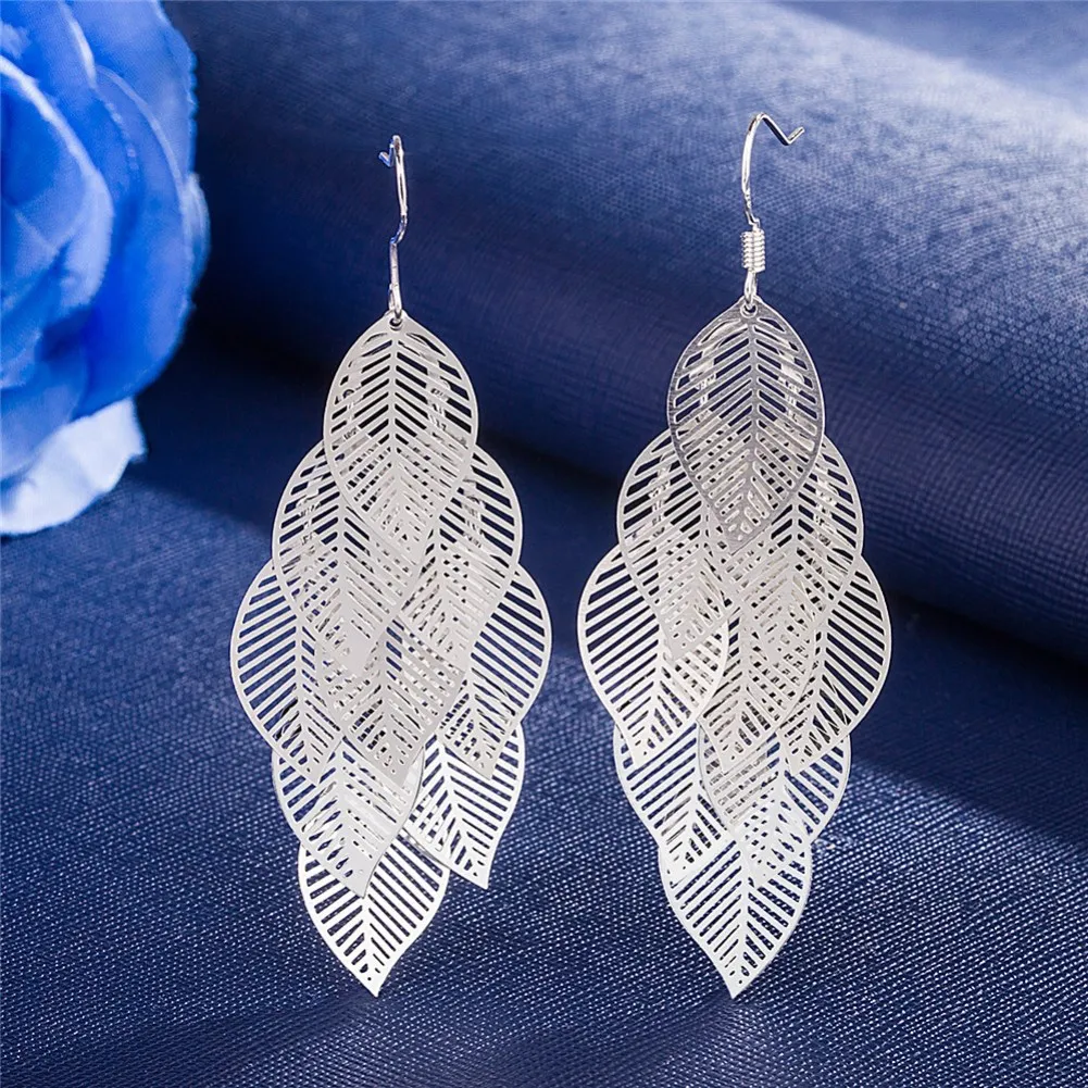 925 Sterling Silver Earrings fashion Jewelry Woman Layered Hollow Leaves Tassel Long Drop earrings Trendsetter Christmas Gifts