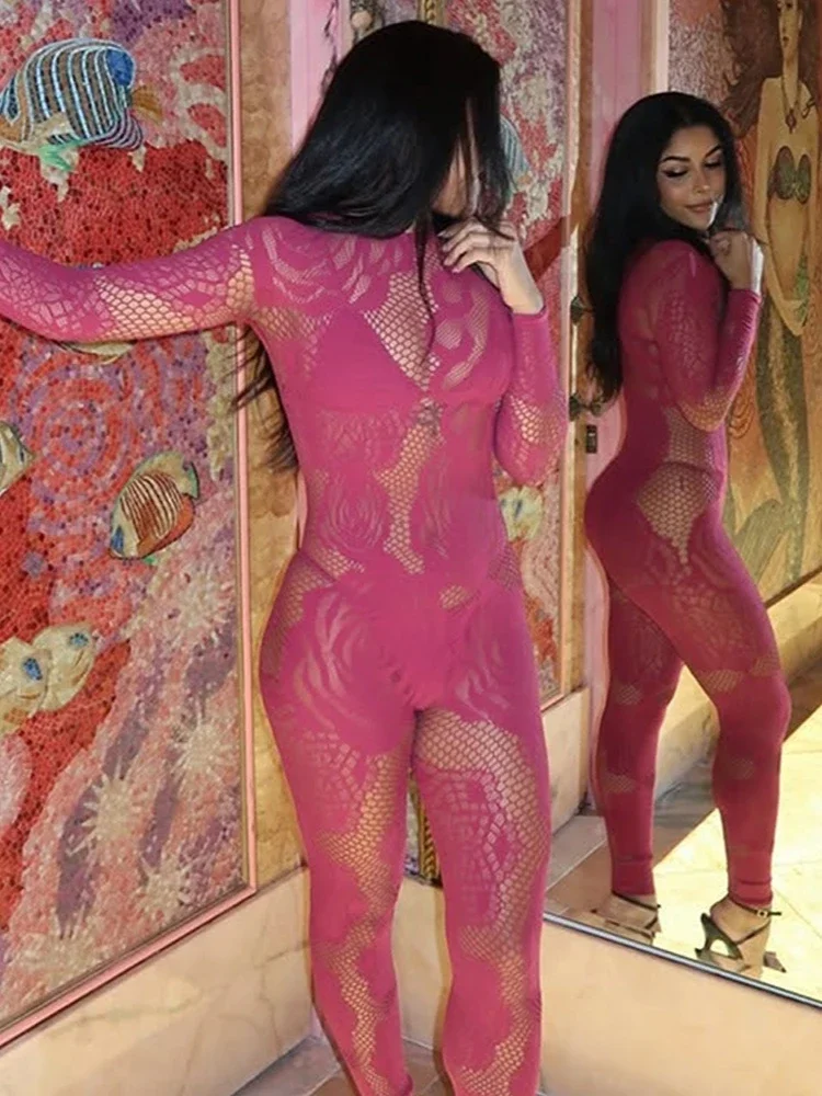 Ropa de mujer, mono transparente de encaje para discoteca, mono Sexy de manga larga con cuello redondo, monos de una pieza calados, medias negras, rosas y rojas