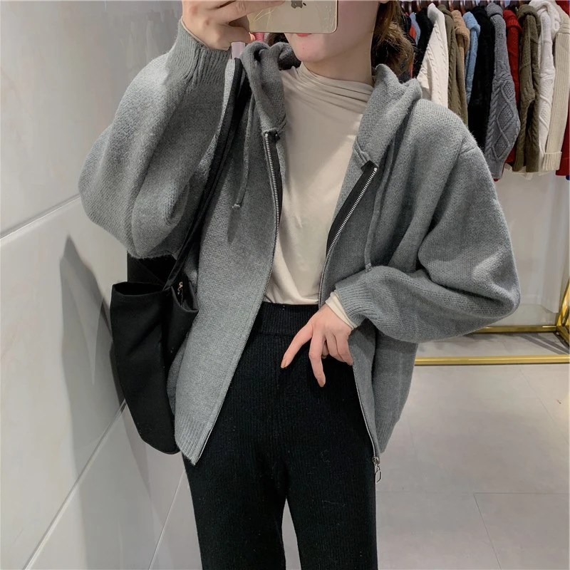 

Loose Fit Hoodie Jaet Women's Knitted Color Zipped Open Cardigan Korean Sle Casual Autumn Faion Anti-Aging