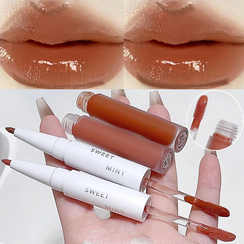 Double-ended Lip Glaze Lipliner 2 IN 1 Jelly Water Shiny Mirror Glass Plumping Lip Gloss Non Sticky Long-Lasting Lipstick Makeup