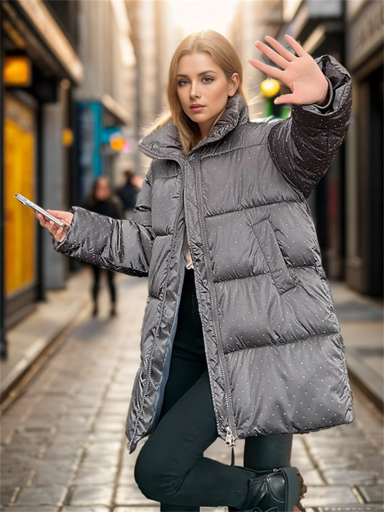 Oversize Woman Puffer Jacket 2024 Brilliant Diamond Midi Length Padded Insulated Stand Collar Fashionable Casual Padded Clothes