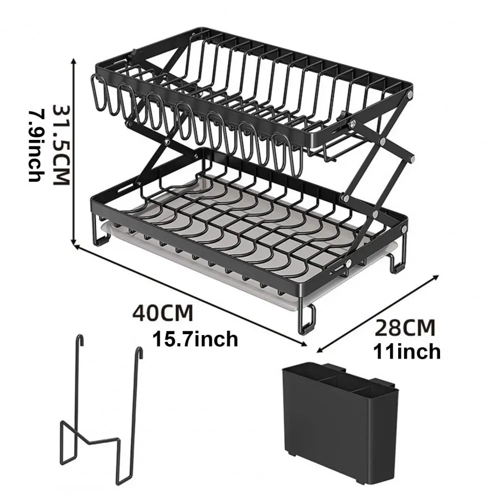 Drain Dish Rack with Wine Glass Holder Strong Load-bearing Height Adjustable 2-Tier Kitchen Counter Drying Rack Utensil Holder