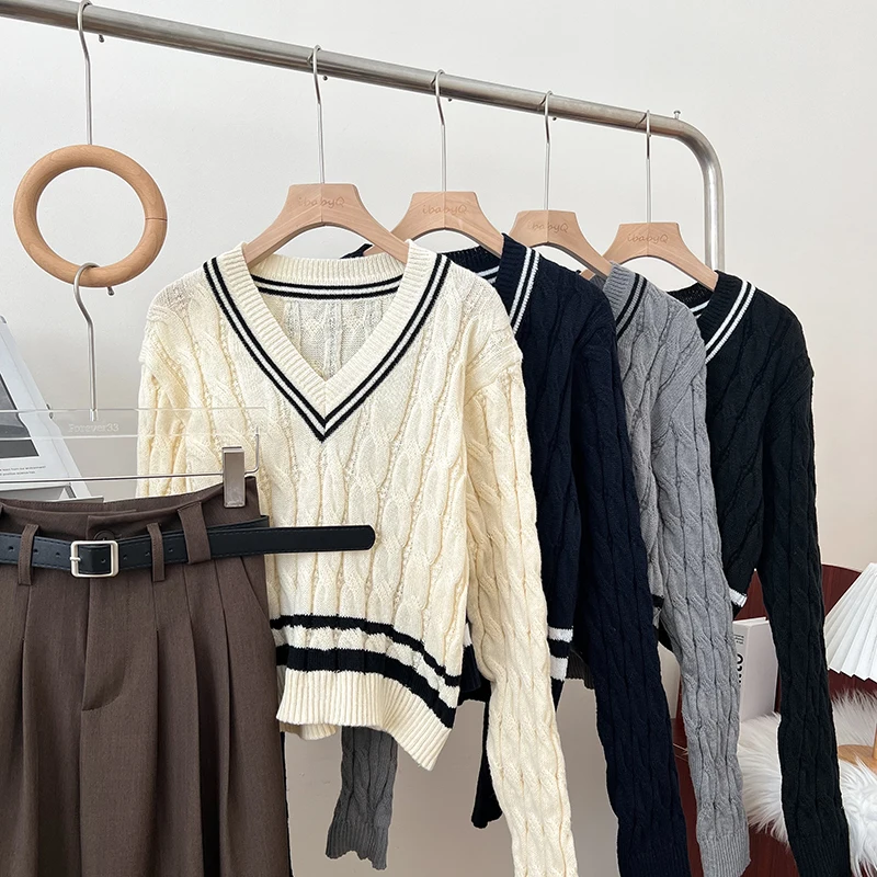 

2026 New Autumn Winter Preppy Style Knitwear V-neck Long Sleeve Knitted Sweaters Twist Hit Color Striped Short Pullover Tops