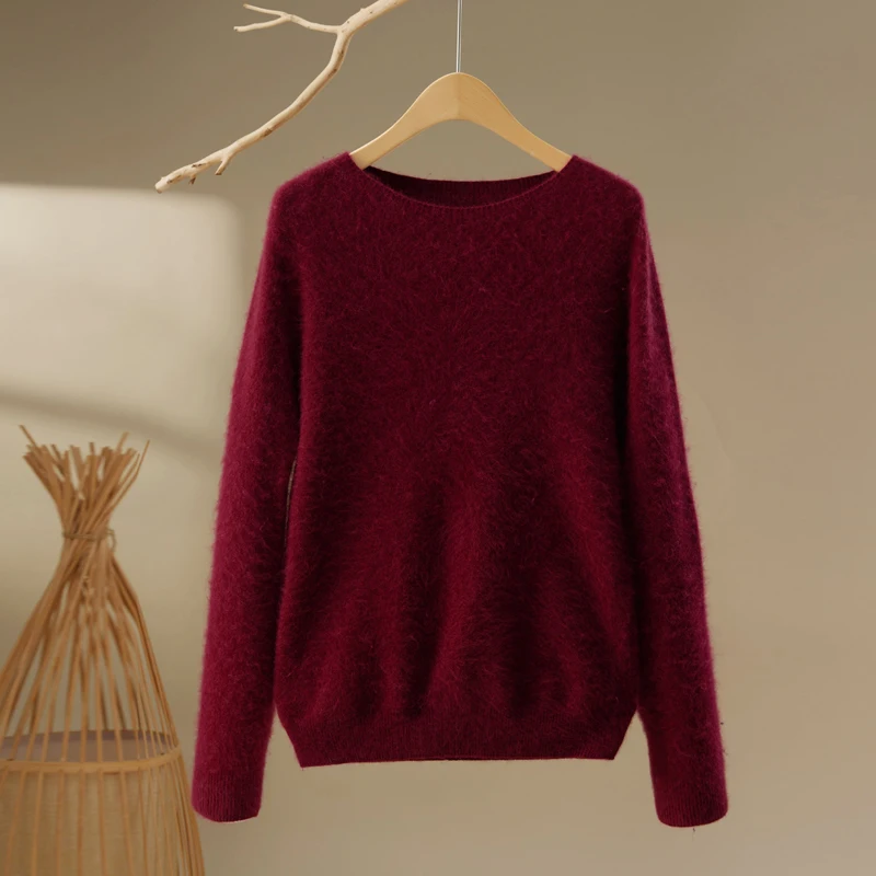 2025 automne/hiver 2025 femmes nouveau col rond ample à manches longues laine mérinos tricoté chemise couleur unie tricoté laine bas chemise