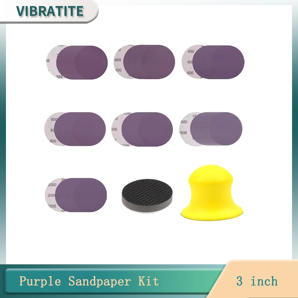 

3Inch 75MM Purple Wet and Dry Sandpaper Kit 2-32Pcs Assorted Grit 320-2000 Aluminum Oxide for Wood Metal Wet Dry Polish & Rotary