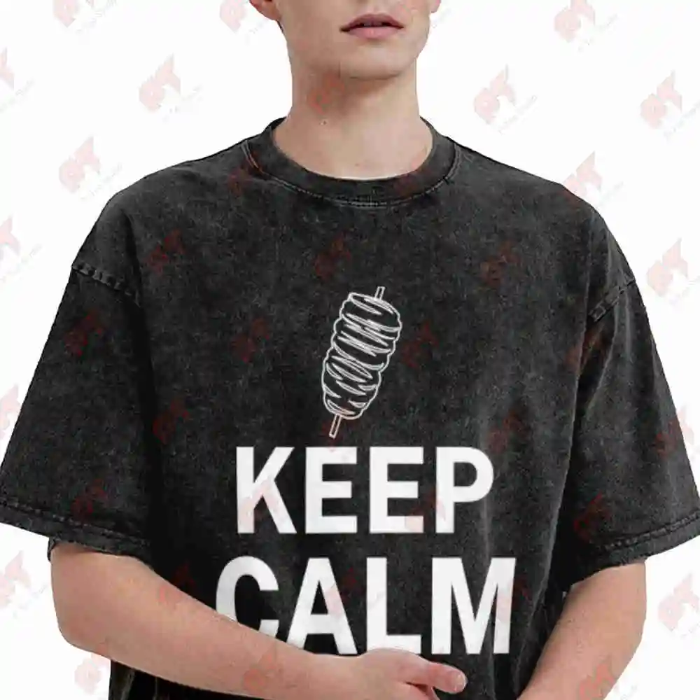 Stay Calm And Eat Doner Kebab Vintage Washed Tee Pure Cotton T-Shirt