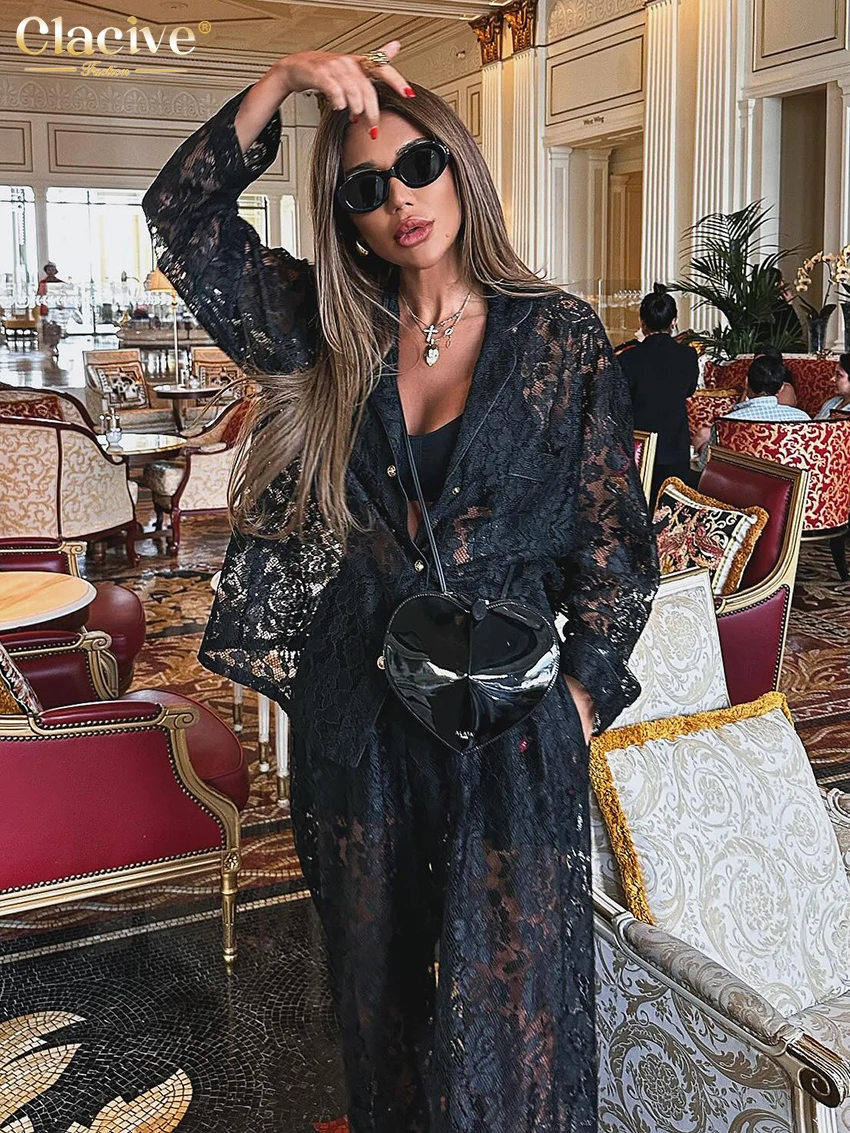 Clacive Sexy Loose Black Lace See Through Trousers Sets Women 2 Pieces Fashion Long Sleeve Shirt With High Waist Wide Pants Set