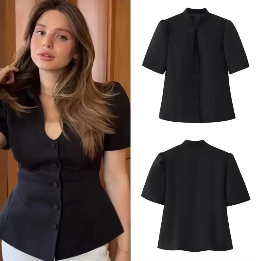 

2026 Blusas Short Sleeve Tops Women's T-shirts Shirts Blouse For Woman Simple Style Temperament Commuting Solid Color Stand Neck