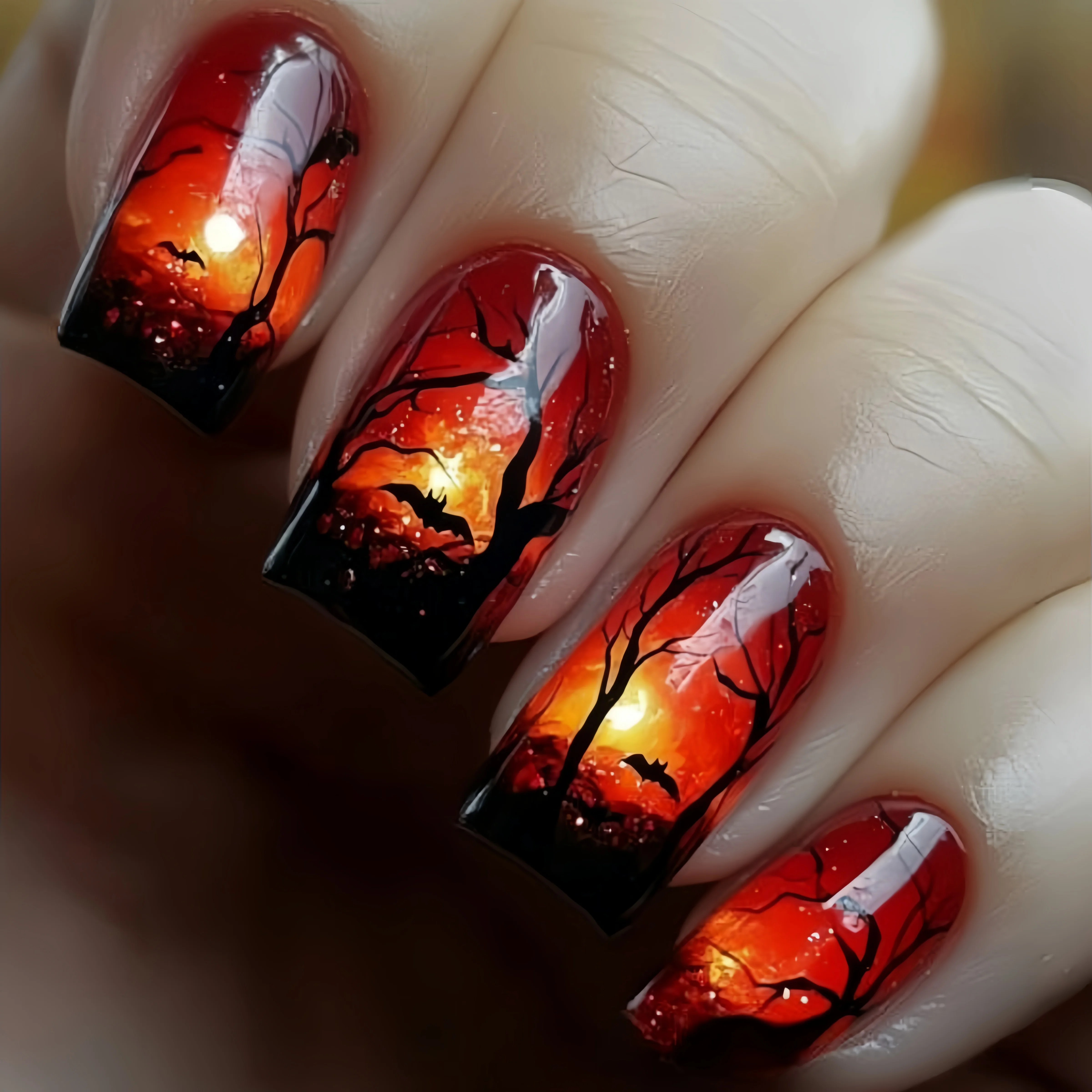

Halloween series nail art patches, forest pattern false nail art patches, medium and long nail art patches, detachable, red nail