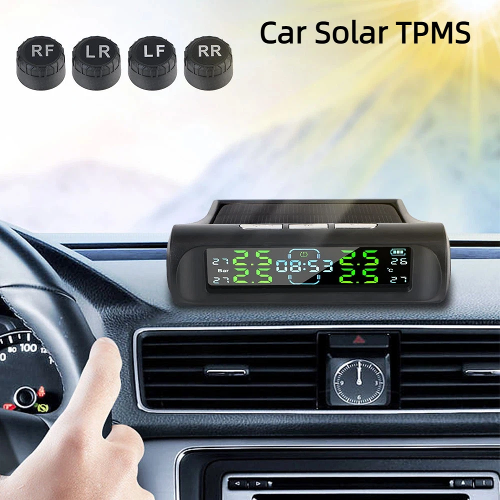 Système de surveillance de la pression des pneus de voiture, avec horloge numérique, systèmes d'alarme de sécurité automobile, USB/solaire TPMS, affichage numérique LCD