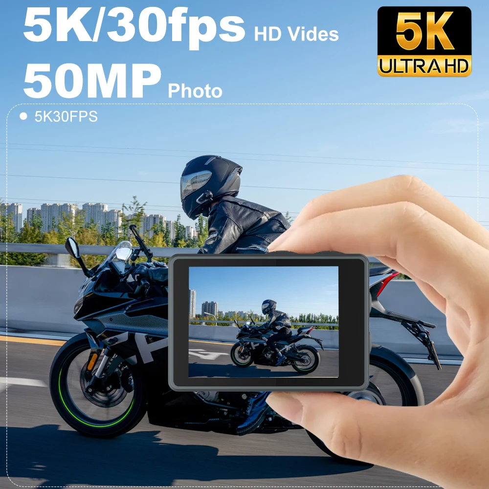 كاميرا Ourlife Action 5K 4K كاميرا دراجة 50MP 2.0 شاشة LCD تعمل باللمس EIS WiFi 170 ° كاميرات فيديو رياضية تكبير 5X مقاومة للماء بطول 30 مترًا #2