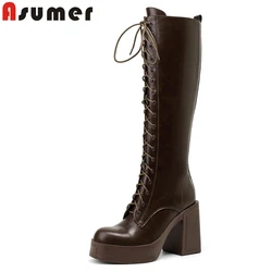 ASUMER Genuine Leather Boots Women Lace Up Round Toe Platform Knee High Boots Ladies Motorcycle Botas Fashion Shoes