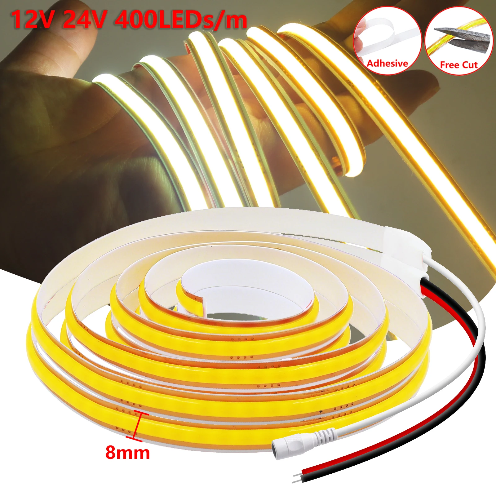 

8mm COB LED Strip 12V 24V Free Cut 400LEDs/m High Density Flexible LED Tape Warm Natural White for DIY Light Box Home Decor