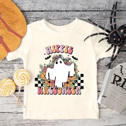 Hippie Halloween Child Shirt Cute Ghost Print Girl Boys Halloween Party Outfit Shirt Kids Retro Tee Autumn Holiday Toddler Tops