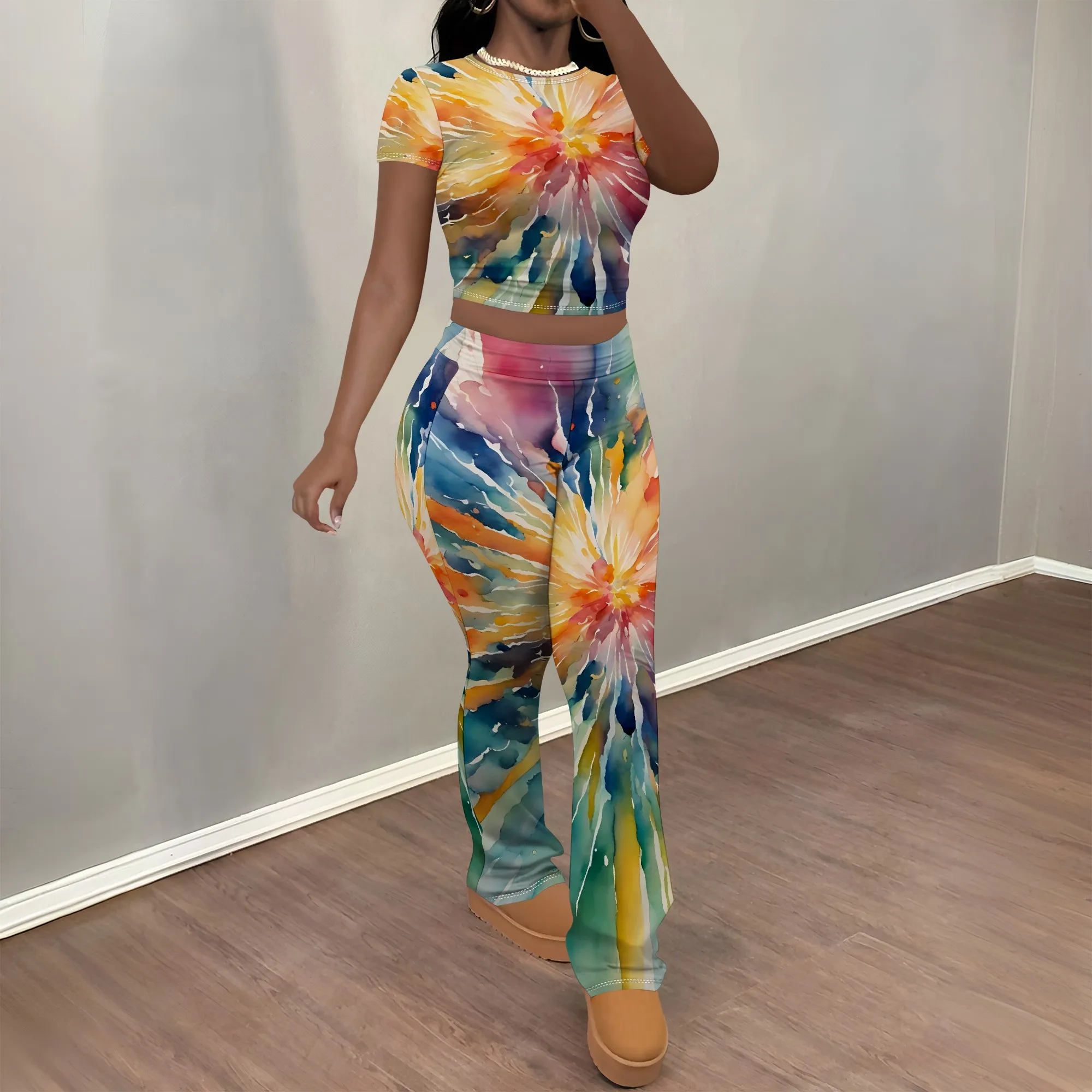 

Nupusa Tie - Dye Burst Print Two - Piece Set for Women Standard Size Summer Casual Crew Neck Short Sleeve Outfit