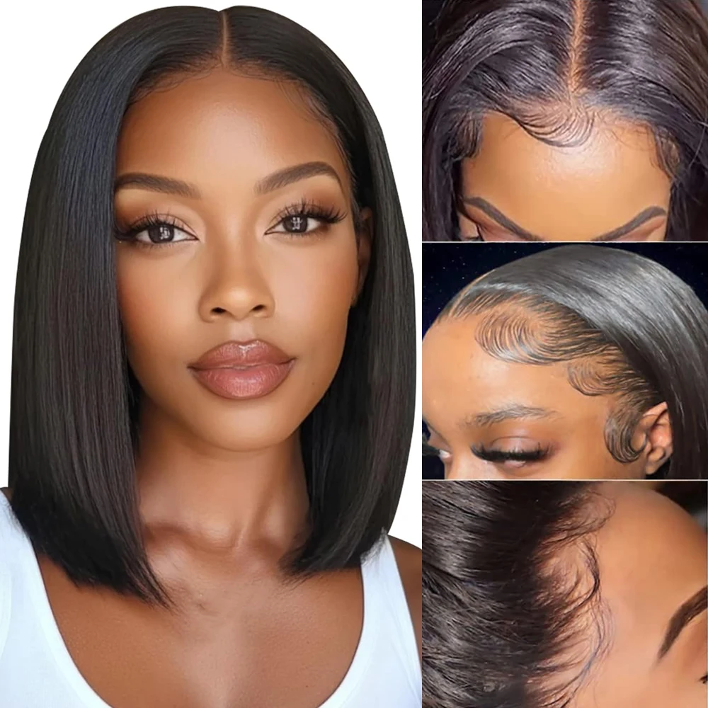 ボブウィッグ人毛レースフロントウィッグ100%人毛ウィッグミドルパート透明レース13X1 Tパートストレートボブウィッグ女性用