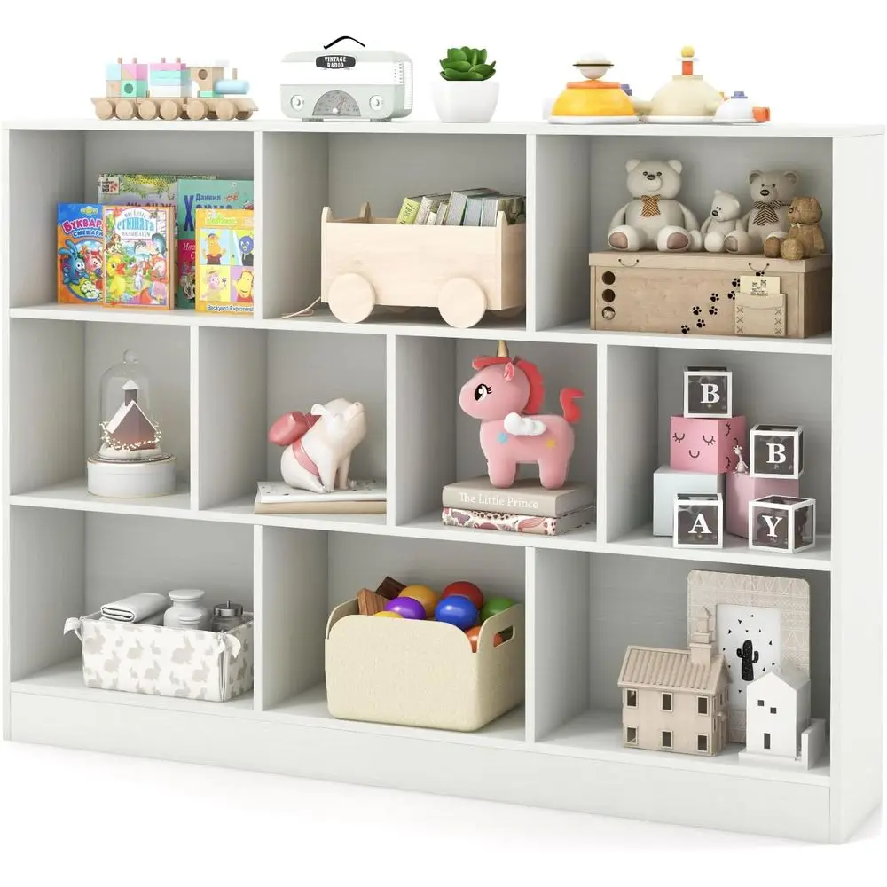 10-Section Wooden Floor Storage Cabinet, 41” Multi-Purpose Toy Chest for Daycare, Playroom, Classroom, and Nursery (White)