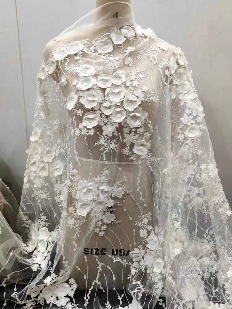 

Замысловатая кружевная вышитая ткань цвета слоновой кости с 3D цветами, свадебное платье, новая модная кружевная ткань