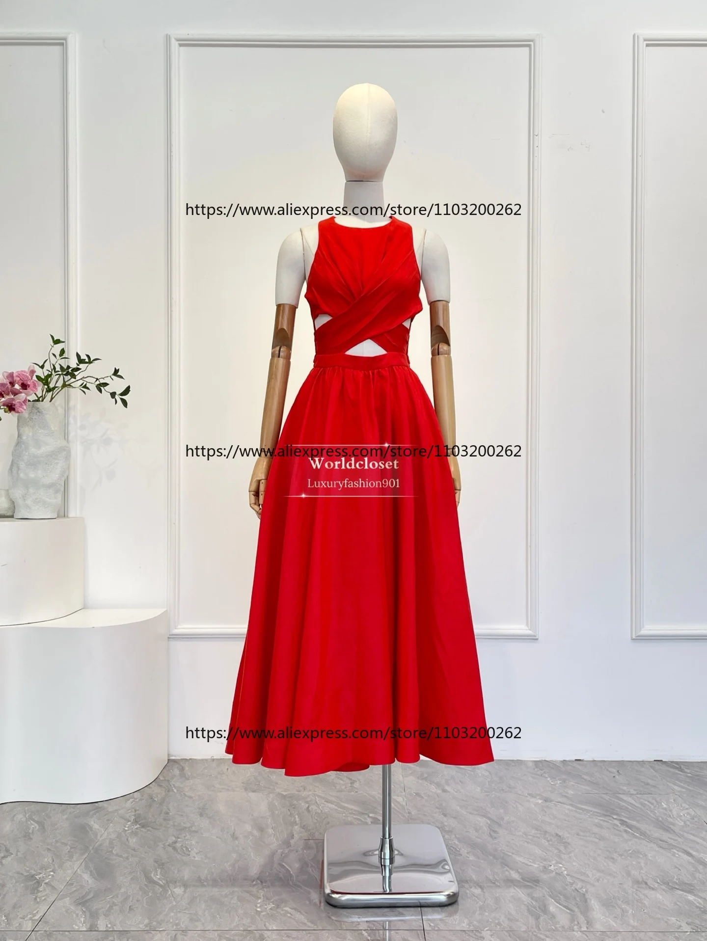 2025 Nova Moda Vermelho Sem Mangas Cortado Vestido Midi Linho de Alta Qualidade