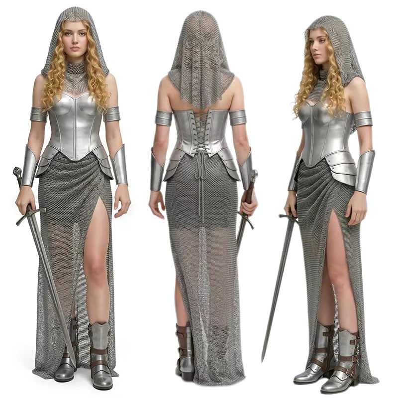 Nuevo Disfraz Medieval de Mujer, Top de Cota de Piel Plateada, Falda, Uniforme de Valquiria, Disfraz de Princesa Renacentista para Halloween