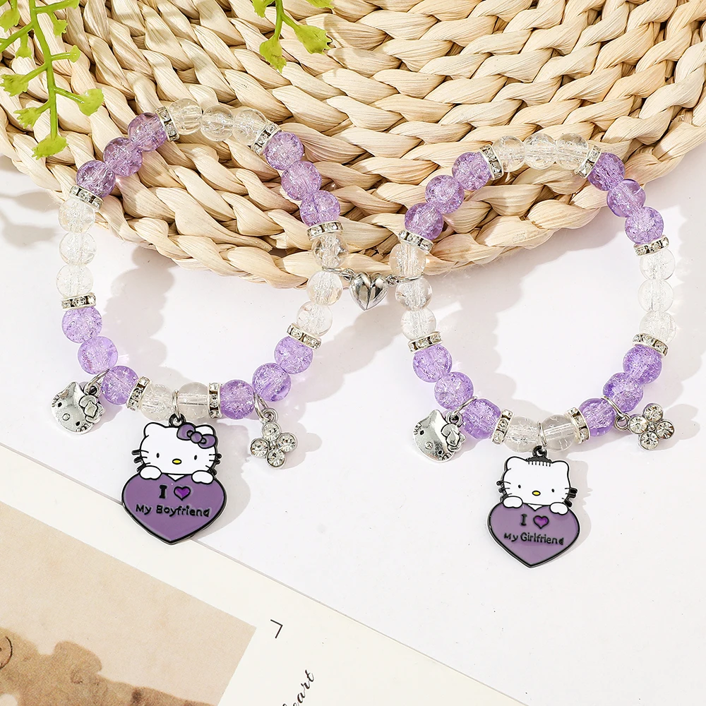 Sanrio การ์ตูนน่ารัก Hello Kitty สร้อยข้อมือสีม่วงประณีต Hello Kitty กําไลข้อมือสําหรับผู้หญิงผู้ชายคู่เครื่องประดับของขวัญ