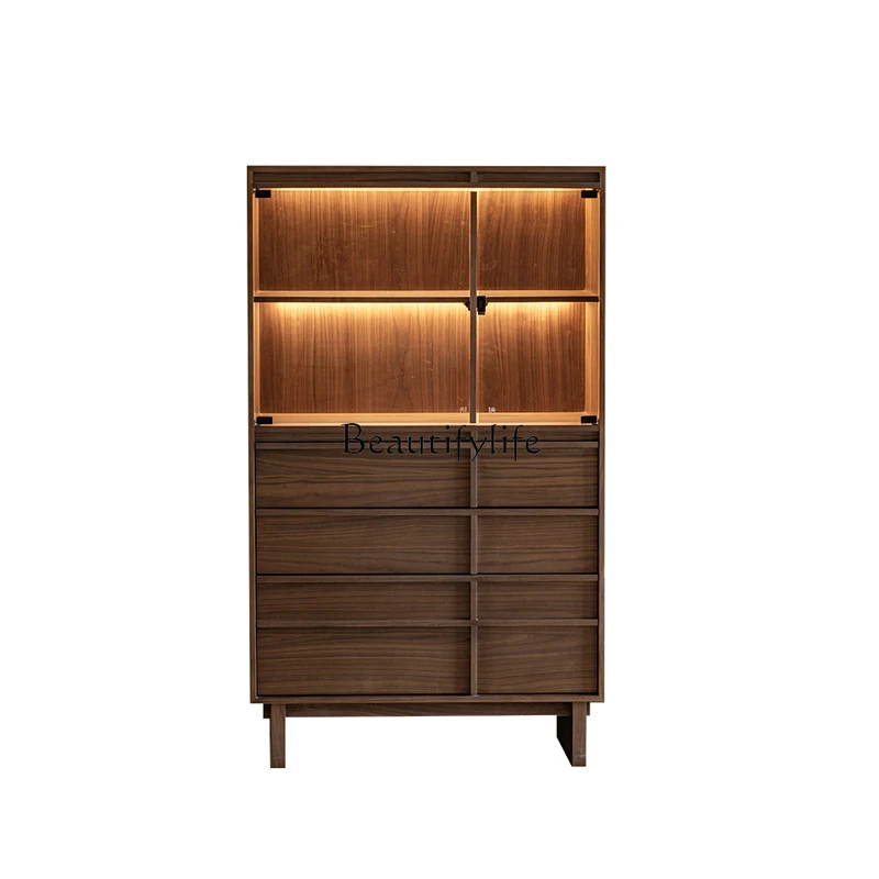 

Wabi-sabi Style Vintage Solid Wood Sideboard Black Walnut Glass Cabinet