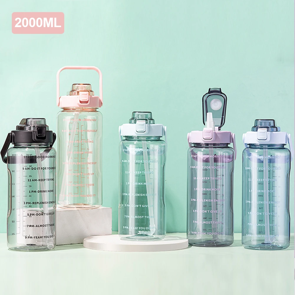 2 Liter Water Bottle With Time Marker Large Capacity Drinking Bottles Girls Portable Outdoor Fitness Sports Bottle With Straw