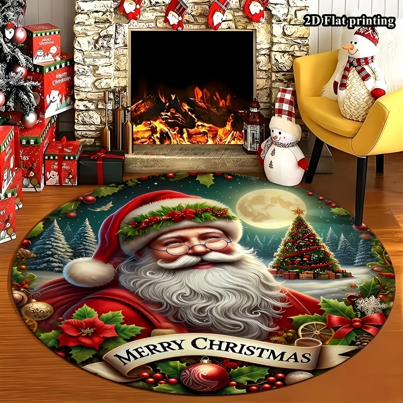 Classic Santa Claus Wreath Moonlit Forest Merry Christmas Round Rug For Fireplace Hearth Featuring Traditional Joy Carpet Cheer
