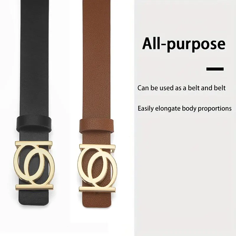 New Women\'s Belt Fashion Golden Buckle Belt Leisure Personalized Double Round Button PU Leather Belt Paired with Jeans Lady Belt