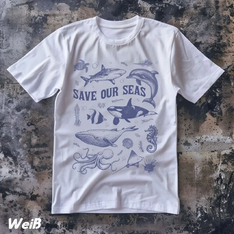 Vintage Save Our Seas T-Shirt, Funny Sea Creatures TShirt, Marine Biology Environmental Protection Saying, Ocean 90s Shark Shirt