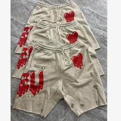 Summer Vintage Washed Sain Dissolving Love Printed Shorts Men Women High Quality 1:1 Drawstring Breeches Sweatpants