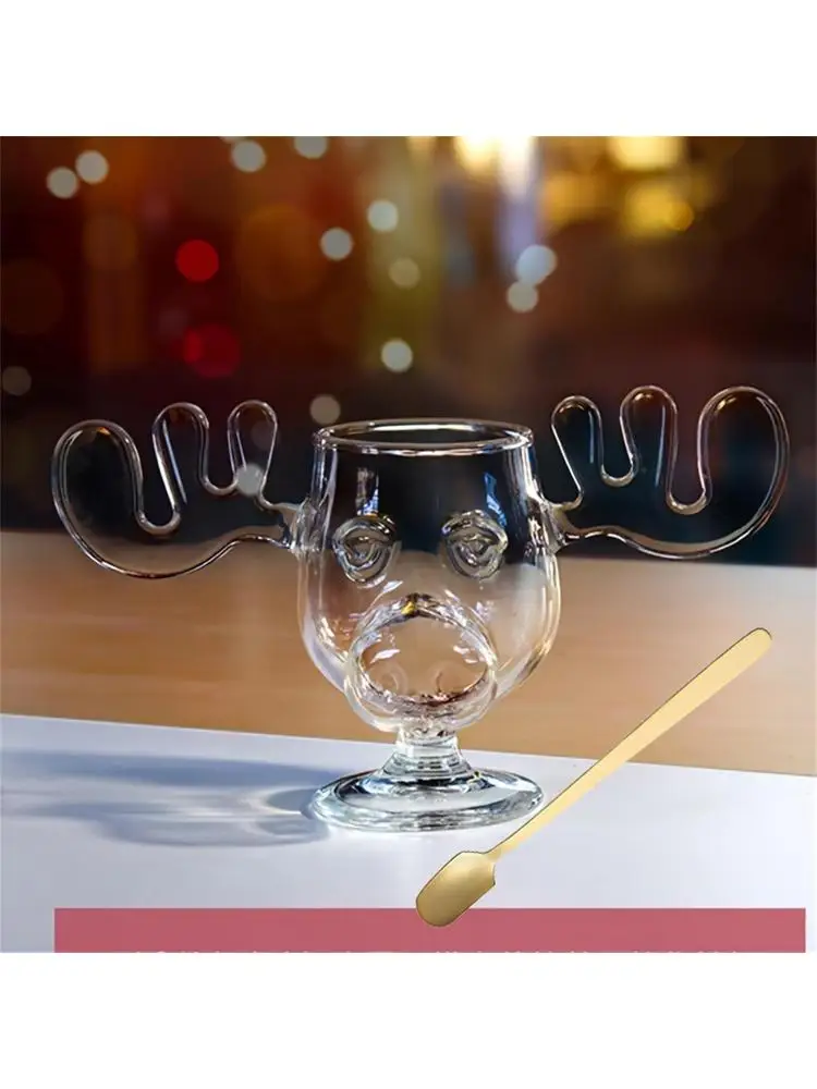 Tasse d'orignal de vacances de noël de 8oz 240ml, avec cuillère de chat, tête de renne de noël, verre d'élan créatif, vin, bière, eau, jus, lait, cadeaux