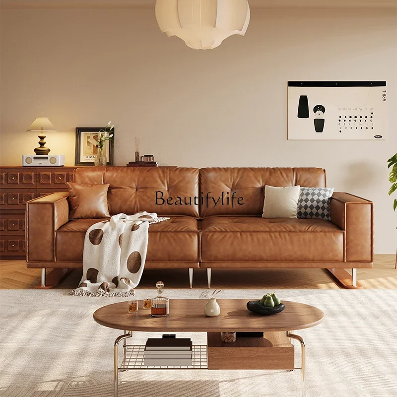 أريكة جلدية من الشمع الزيتي LJYretro شقة صغيرة فرنسية من القرون الوسطى أسفل أريكة من الخشب الصلب من الطبقة الأولى من جلد البقر المستقيم