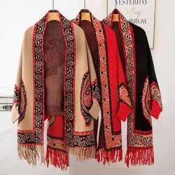 Tassel Ponchos And Capes Women Floral Print Shawl Scarf Autumn Winter With Sleeve Cardigan Ethnic Style Travel Cloak Female