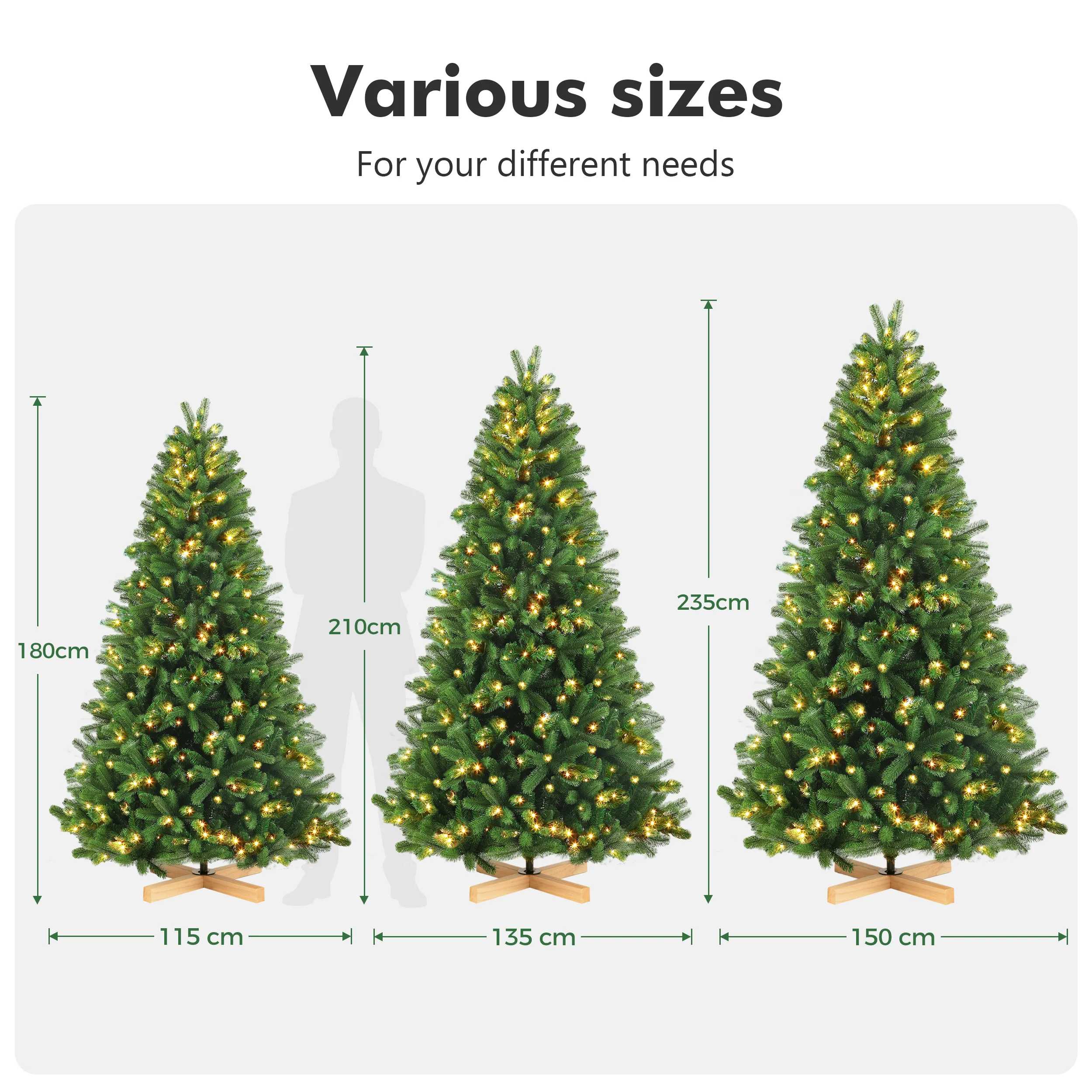 Vorgefertigter künstlicher Weihnachtsbaum mit gemischten PE- und PVC-Zweigen, warmweißes LED-Licht, flammhemmende, geruchlose Spitzen, Holzständer, 180/210/235 cm, vollständig wiederverwendbarer Weihnachtsbaum für Heim-, Büro- und Partydekoration. – Detail 9