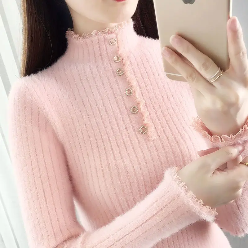 

Half high collar mink like pullover sweater underlay with 2023women autumn and winter lace top knitwear pullover sweater female