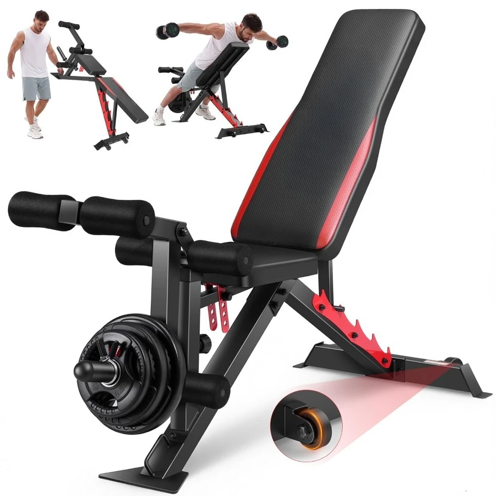 

1200LBS Weight Bench with Wide-Range Leg Extension & Curl (Full ROM), Adjustable Workout Bench Press with Wheels, Customized