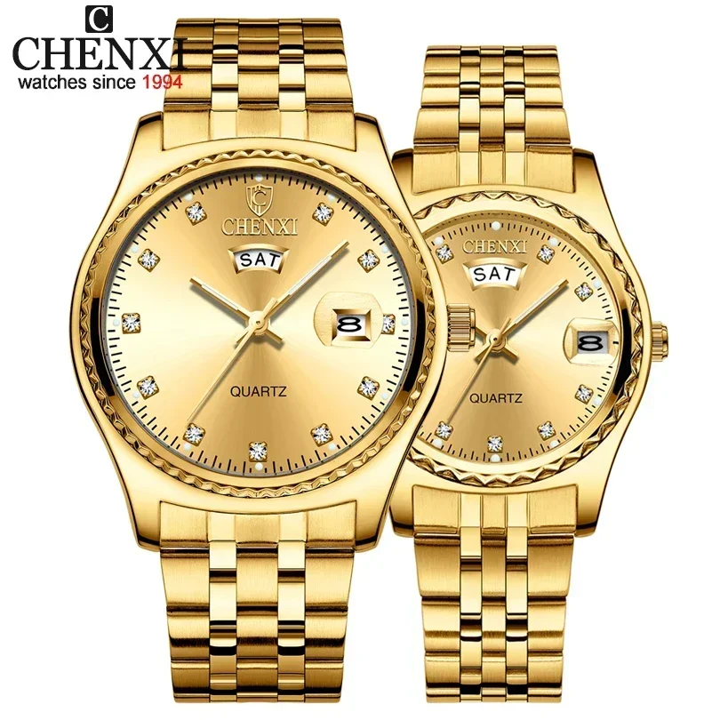 CHENXI 2Pcs/Set Lovers Watches Men Golden Quartz Watch For Women Dress Wristwatch Top Brand Luxury Fashion Casual lovers Watch