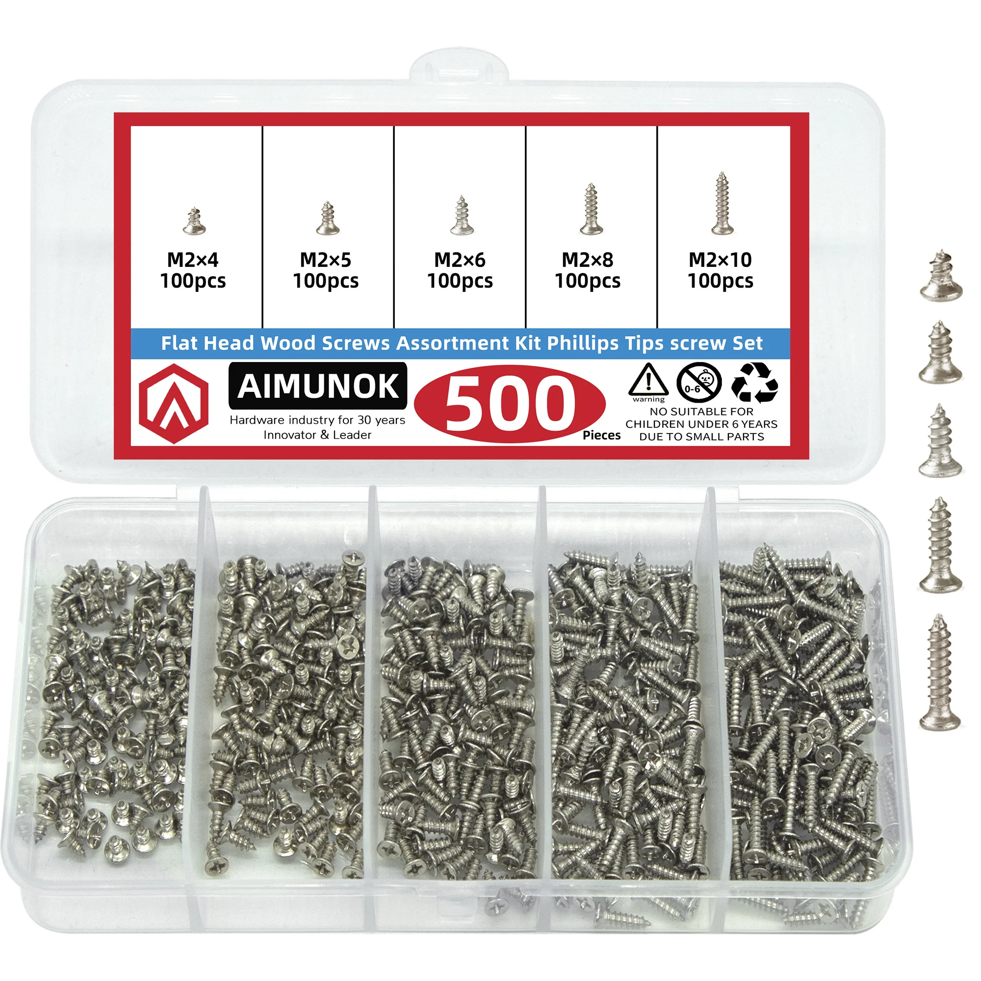 

500pcs M2 Self - Tapping Phillips Screw Kit, 5 Sizes. Carbon Steel, Cross - Head, Flat, Self - Drilling Wood Screws for DIY
