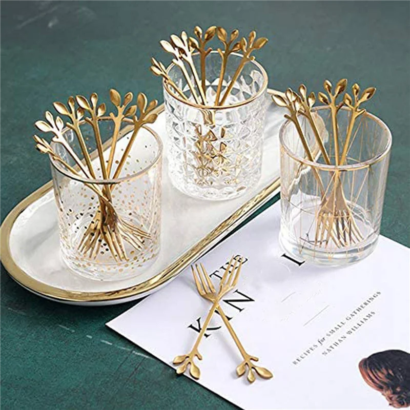 

80PCS Dessert Spoon And Fork Set Cake Fork Coffee Spoon Creative Fruit Fork Stainless Steel -Gold