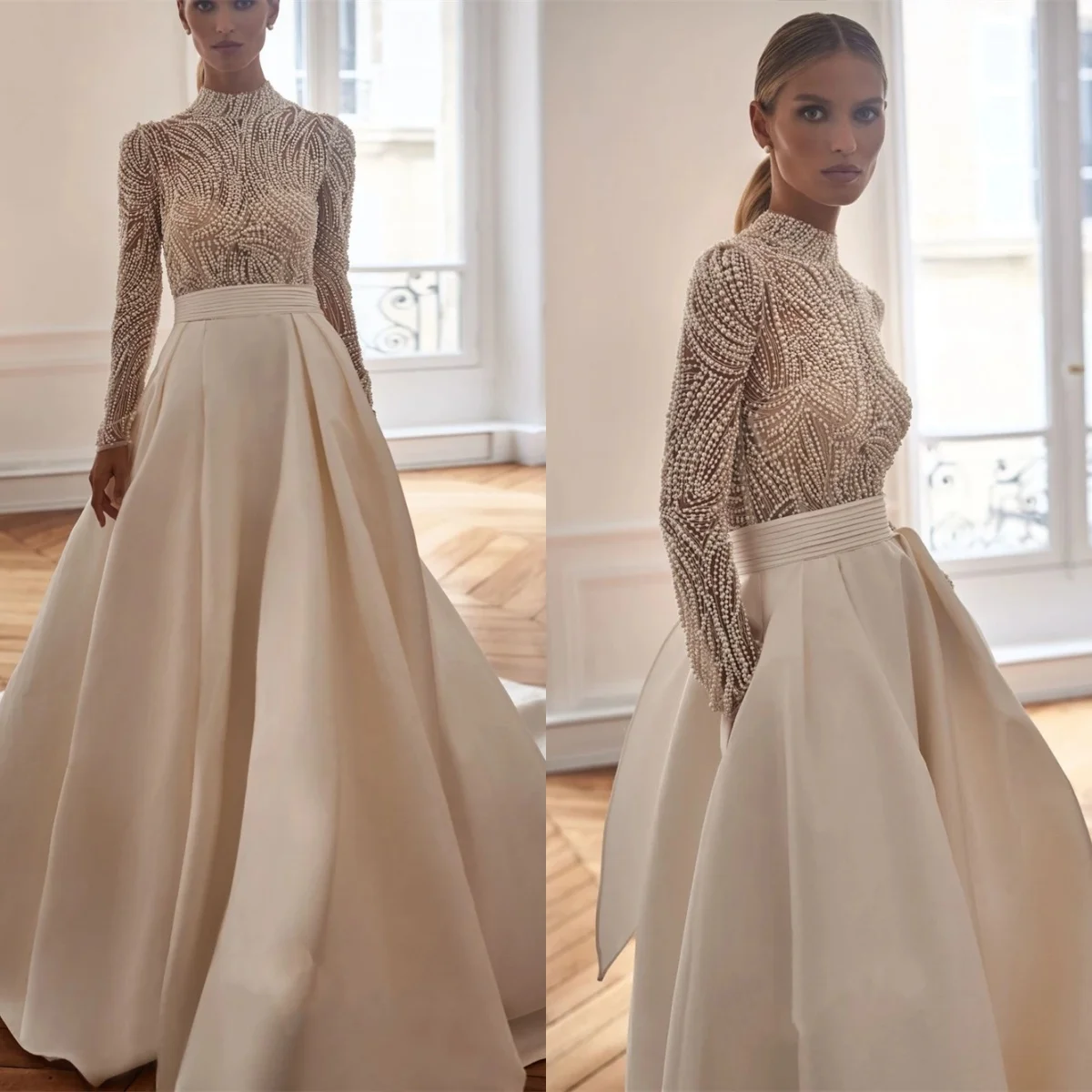 

Vintage A Line Women Wedding Dress High Collar Long Sleeves Bridal Gowns Pearls Sweep Train Dress Custom Made