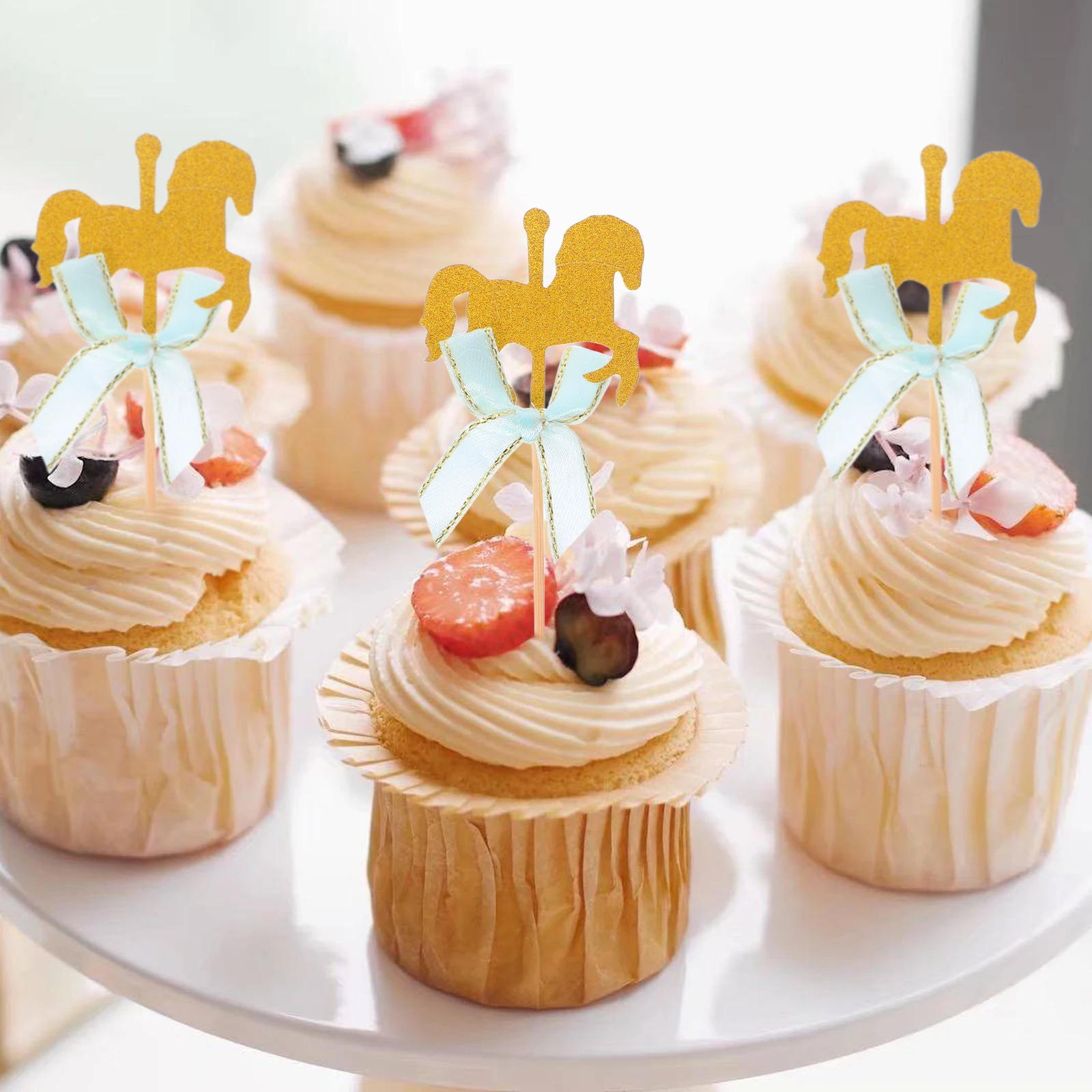

20pcs Carousel Shape Cake Toppers Cupcake Dessert Decorations Party Birthday Decoration Pink Bowknot Cake Picks For Cookies