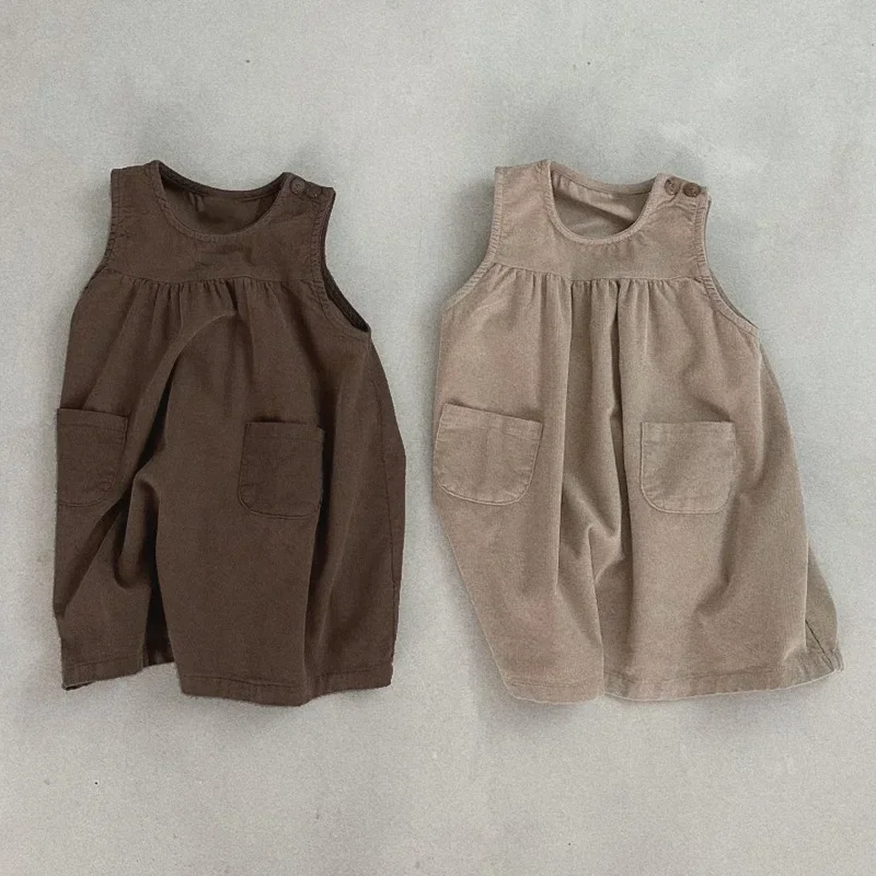 2024 Spring New Baby Girl Sleeveless Vest Dress Infant Toddler Cute Solid Princess Dress Children Corduroy Casual Pocket Dress