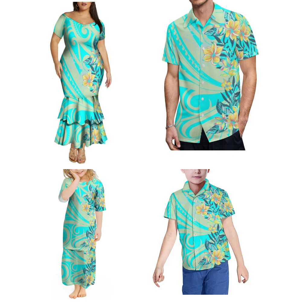 Vestido familiar de verão com decote em V, saia rabo de peixe de camada dupla fora do ombro, roupa polinésia feita sob medida para pais e filhos