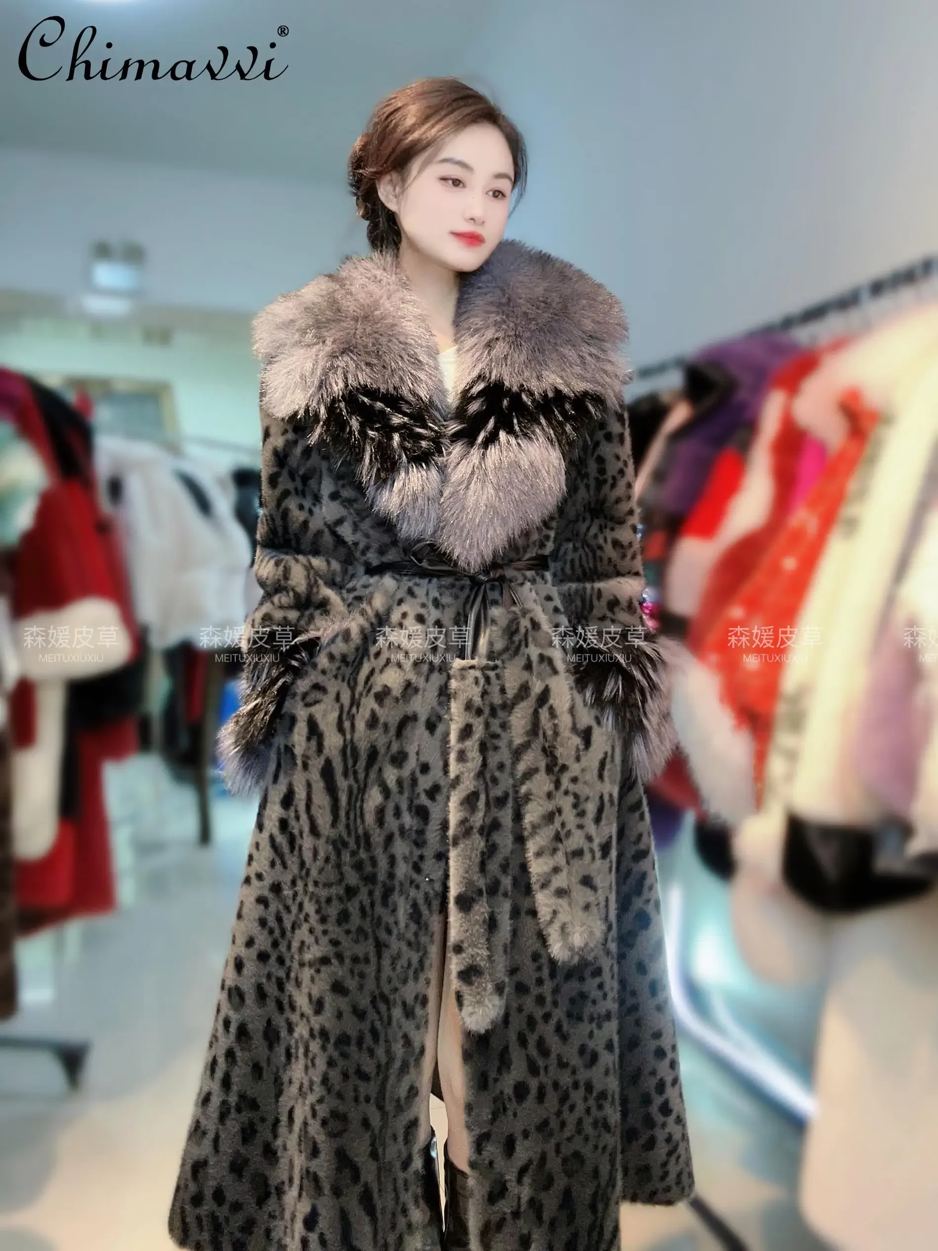 New Winter Big Fur Collar Leopard Print Luxury Female Lady Fur High-end Fashion Long-sleeved Elegant Warm Thickened Fur Coats